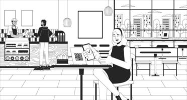 controllo menù con qr codice scansione nero e bianca linea illustrazione. diverso clienti caffè negozio 2d personaggi monocromatico sfondo. caucasico donna la scelta al forno merce schema scena vettore Immagine