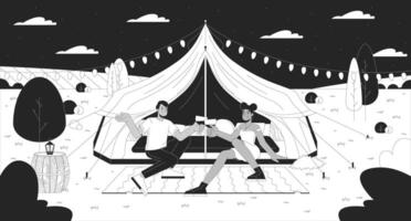 romantico glamping persone nero e bianca linea illustrazione. lusso tenda coppia bicchieri tintinnante 2d personaggi monocromatico sfondo. Data notte all'aperto. Saluti bicchieri di vino schema scena vettore Immagine