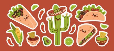 messicano cibo divertente personaggi adesivi impostare. Messico cucina carino contento viso emoticon portafortuna collezione. vettore