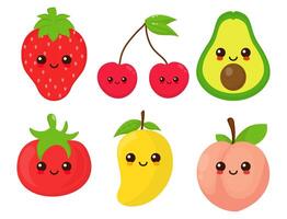 carino contento sorridente frutta viso impostato piatto cartone animato personaggio illustrazione collezione vettore