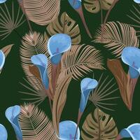 senza soluzione di continuità modello con blu calla gigli e tropicale d'oro Marrone le foglie su in profondità verde sfondo. per tessile, carta, sfondo, superficie vettore