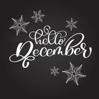 Frase di lettering tipografia disegnati a mano Ciao dicembre su una lavagna con fiocchi di neve. Iscrizione di calligrafia inchiostro pennello divertente per inverno invito biglietto di auguri o stampa design vettore