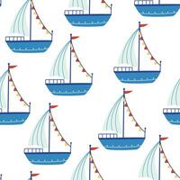 Barche senza soluzione di continuità modello. marino tema. di moda modello di carino navi, barca a vela per involucro carta, sfondo, adesivi, taccuino coperchio. mare Stampa. vettore cartone animato fondale illustrazione.