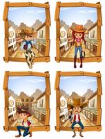 Quattro scene di cowboy e cowgirl vettore