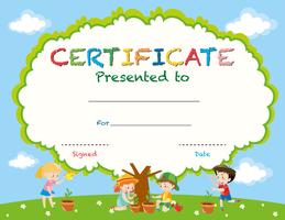 Modello di certificato con bambini che piantano alberi vettore
