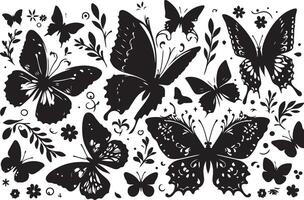 farfalle e fiori, modello con farfalle, impostato di farfalle, volante farfalle silhouette nero impostato isolato su bianca sfondo vettore