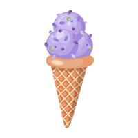 lavanda ghiaccio crema. tre palle di cremoso dolce dolce nel un' cialda cono. viola sorbetto. vettore illustrazione isolato su bianca sfondo.
