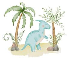 dinosauro nel natura acquerello illustrazione. mano disegnato su isolato sfondo. dino e palma alberi per carino cartone animato maglietta Stampa per ragazzo o ragazza. Perfetto per compleanno carta o bambino doccia invito vettore