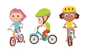 un' bambino cavalcate un' bicicletta. ragazzo e ragazza. internazionale. vettore piatto cartone animato isolato