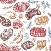 carne e verdure senza soluzione di continuità modello nel inciso Vintage ▾ stile. disegnato a mano colorato modello di barbecue carne pezzi con erbe aromatiche e condimenti. schizzi per carne ristorante. vettore