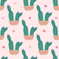 disegnato a mano vettore senza soluzione di continuità modello di cactus. piatto stile illustrazione di coperto di spine pianta, fioritura cactus, succulento pianta nel colorato ceramica pentola. casa pianta, Messico cactus fiore.