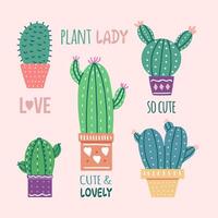 disegnato a mano vettore cactus impostato con calligrafia, scritta. piatto stile grafico design di coperto di spine impianti, fioritura cactus, succulento impianti nel colorato ceramica pentole. casa impianti, Messico cactus, bandiera
