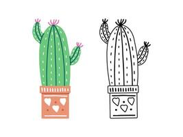 un' impostato di disegnato a mano schema e colorato vettore cactus isolato su bianca sfondo. scarabocchio e piatto stile illustrazioni di coperto di spine impianti, fioritura cactus, succulento impianti nel ceramica pentole. casa impianti