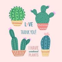 disegnato a mano vettore cactus impostato con calligrafia, scritta. piatto stile grafico design di coperto di spine impianti, fioritura cactus, succulento impianti nel colorato ceramica pentole. casa impianti, Messico cactus, bandiera