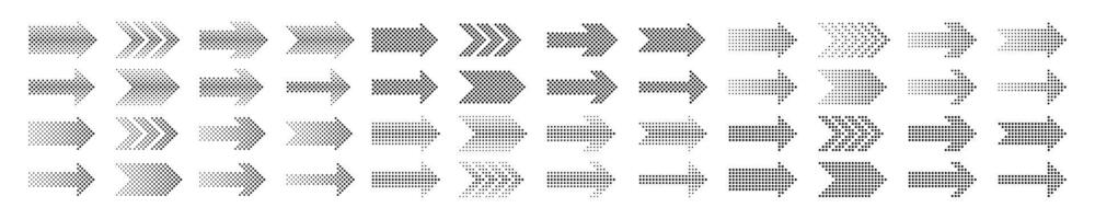 tratteggiata freccia. mezzitoni frecce con cerchio particelle, direzione semplice segni. nero pointer con puntini e mezzitoni effetto. isolato freccia pittogrammi vettore icone impostato