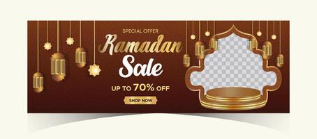 Ramadan kareem ragnatela sfondo super vendita bandiera con podio per Schermo di Prodotto. Ramadan mega grande vendita promozione manifesto e sociale media inviare. islamico speciale offrire promozione bandiera design modello vettore