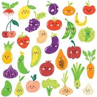 impostato di mano disegnato carino frutta e verdure nel kawaii stile. salutare fresco cibo pieno di vitamine, divertente bambini personaggi vettore