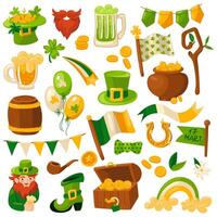 un' grande impostato di vettore design elementi per st. Patrick giorno. cappello, barba, di legno tubo, birra tazza, irlandesi bandiera, avvio, arco, il petto di oro, palloncini. isolato elementi per un' vacanza su un' bianca sfondo