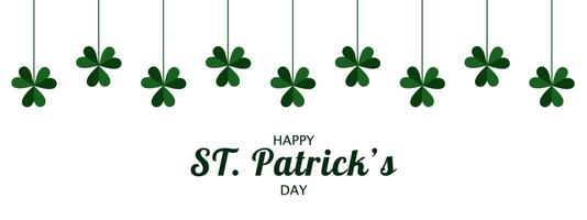 bandiera per st. Patrick giorno su marzo 17 con quadrifogli sospeso su corda. ghirlanda di verde trifoglio con posto per testo su bianca sfondo. vettore
