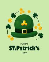 st. Patrick giorno saluto carta su marzo 17 ° con monete, quadrifogli e verde irlandesi elfo berretto su verde sfondo. contento st. Patrick giorno. vettore
