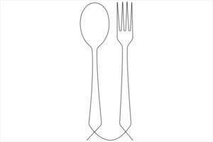 continuo singolo linea disegno di cibo utensili per cucchiaio e forchetta schema vettore illustrazione