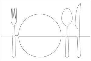continuo singolo linea arte disegno di cibo utensili per piatto, coltello, cucchiaio e forchetta vettore illustrazione
