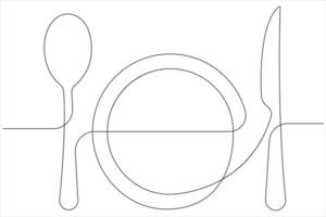 continuo singolo linea arte disegno di cibo utensili per piatto, coltello e cucchiaio vettore illustrazione