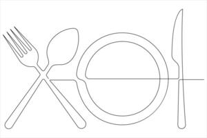continuo singolo linea arte disegno di cibo utensili per piatto, coltello, cucchiaio e forchetta vettore illustrazione