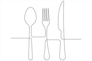 continuo singolo linea arte disegno di cibo utensili per cucchiaio, coltello e forchetta schema vettore illustrazione