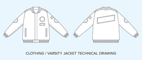 varsity giacca con tasche e cerotti, tecnico disegno, abbigliamento planimetria per moda progettisti vettore