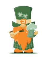 mano disegnato carino gnomo nel st patrick S travestimento verde birra e tabacco tubo. irlandesi gnomo con trifoglio su cappello per bene fortuna. vettore illustrazione per carte, arredamento, camicia disegno, invito, bandiera