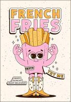 manifesto con freddo patatine fritte nel retrò Groovy stile. di moda cartone animato illustrazione. maskot per caffè, barre, ristoranti vettore