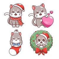 carino gatto festeggiare Natale, cartone animato stile impostato vettore