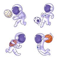 carino astronauta giocando sfera, cartone animato stile impostato vettore