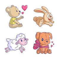 orso, coniglio, pecora e cane carino cartone animato stile impostato vettore