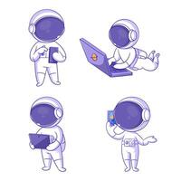 carino astronauta con smartphone e computer portatile, cartone animato stile impostato vettore