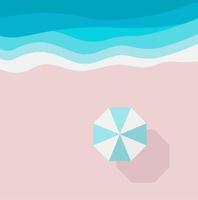 spiaggia di sabbia azzurra, pezzo di mare o oceano e ombrellone, vista dall'alto. modello di progettazione di sfondo vacanze estive per grafica web, banner, flyer, carta, brochure, depliant. illustrazione piatta vettoriale. vettore