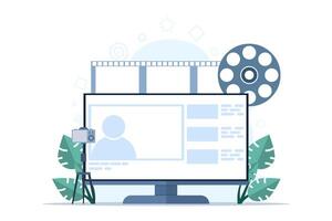 video marketing concetto, marketing strategia, attività commerciale, notizia, promozione, promo, corso, sostegno, annunciando un' promozione o comunicare con dipendenti, Comunità o organizzazione discorso. vettore