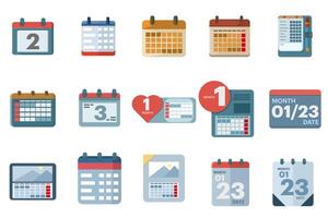 calendario icona impostare. contiene Data, orario, mese, settimana, appuntamento, ordine del giorno, organizzazione e evento icone. vettore illustrazione. vettore icona. calendario, piatto vettore illustrazione impostato su bianca sfondo