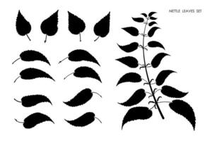 nero sagome di ortica erba le foglie isolato su bianca sfondo. autunno caduto campo erba le foglie. stampino vettore