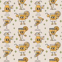 senza soluzione di continuità modello di cartone animato cocktail bicchieri con facce, contro un' pallido sfondo. colorato alcolizzato bevande. Groovy impaurito di moda vettore illustrazione e sfondo.