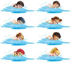 Molti bambini nuotano in piscina vettore