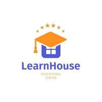 logo piatto della casa della conoscenza, simbolo dell'università, del college e dell'istruzione scolastica. berretto di laurea su edificio, logotipo vettoriale