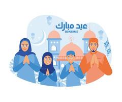musulmano famiglia accoglie eid al-fitr. dire eid al-Fitr saluti con moschea decorazioni. contento eid mubarak concetto. piatto vettore illustrazione.