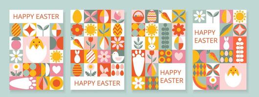 collezione 4 multicolore festivo contento Pasqua modelli per carta, manifesto, volantino, striscione, coperchio. di moda design con geometrico forme e tipografia. bauhaus stile. vettore