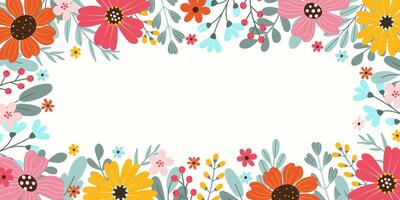 primavera o estate rettangolare festivo illustrazione su bianca sfondo con posto per testo nel piatto stile. mano disegnato grande colorato fiori, erbe aromatiche. vettore copertina design modello.