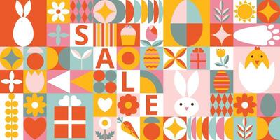 astratto geometrico contento Pasqua sfondo per pubblicità. icone con coniglietto, uova, regalo, adagiato, fiori. di moda design per striscione, sfondo, sfondo, coperchio. bauhaus stile. vettore
