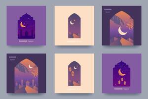 Ramadan kareem impostato di manifesti, vacanza copertine, volantini. moderno design nel pastello colori con moschea, mezzaluna Luna, duna sabbie, arcuato finestre. vettore illustrazione