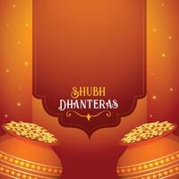 shubh dhanteras saluto sfondo con d'oro moneta nel kalasha vettore