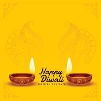 contento Diwali auguri sfondo con realistico diya vettore